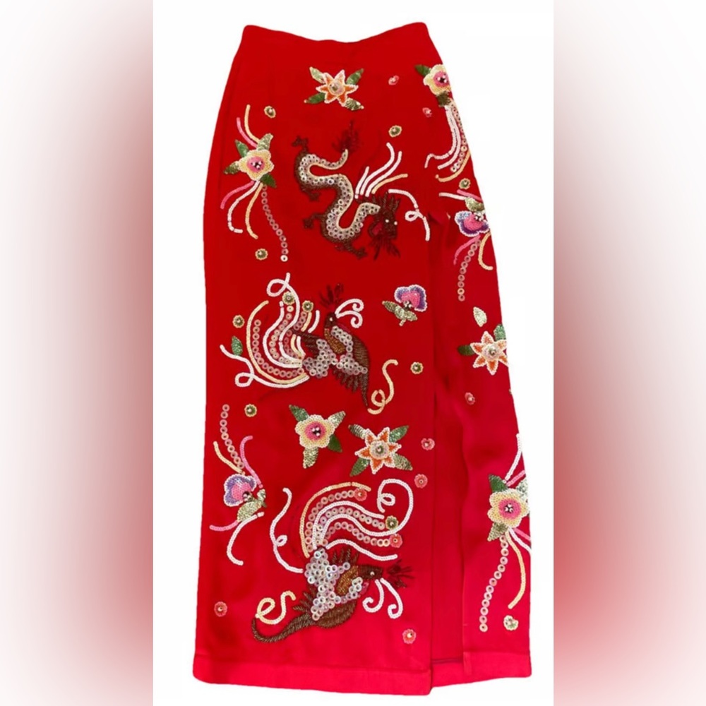 Attico NWT Side Slit Beaded Red Silk Skirt
